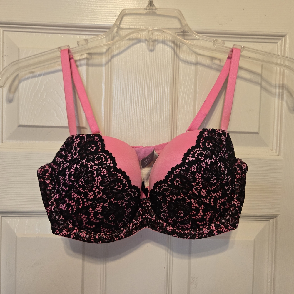 Victoria's Secret, 36D, Pink with Black Lace Balconet Bra